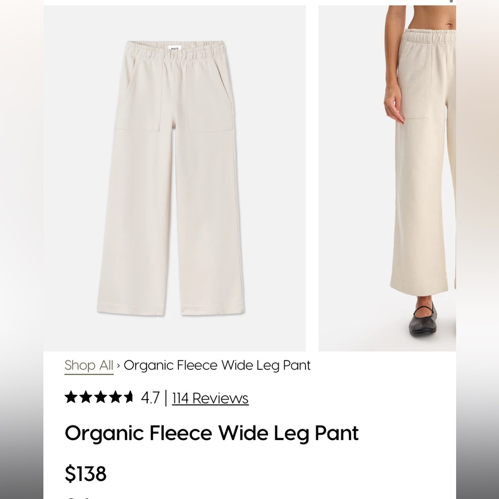 NWT MATE the Label Organic Fleece Wide Leg Pants in Bone - M